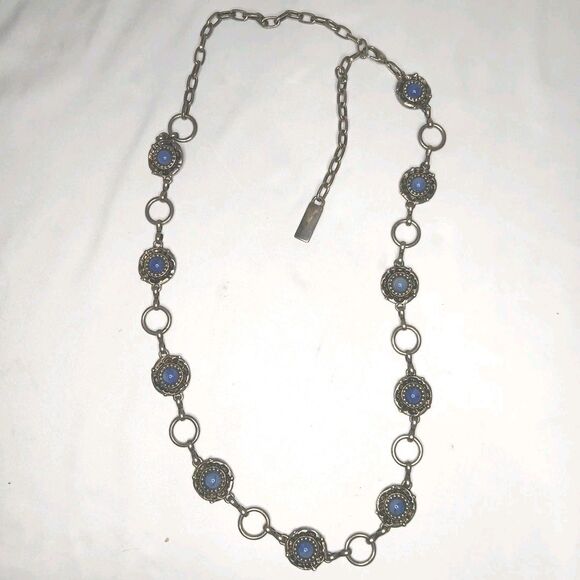 Gypsy Boho 80s Runway Statement Belt Silver Metal Discs Blue Stones 29-40" Waist - Picture 1 of 6